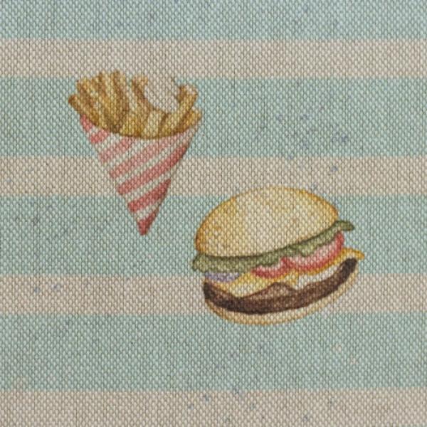 Dekodruck Hamburger & Pommes auf hellblau gestreift von Swafing